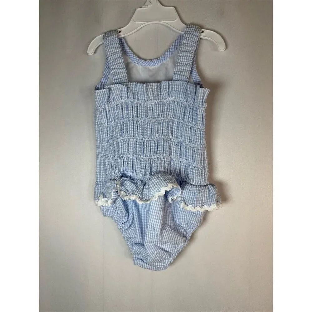 Baby Girls One Piece Swimsuit Size 3T Blue White Gingham Ruffle Skirt